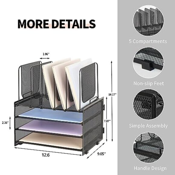 3-Tier Metal Desk Organizer with 5 File Holders, Office Supplies Storage - Picture 5 of 8